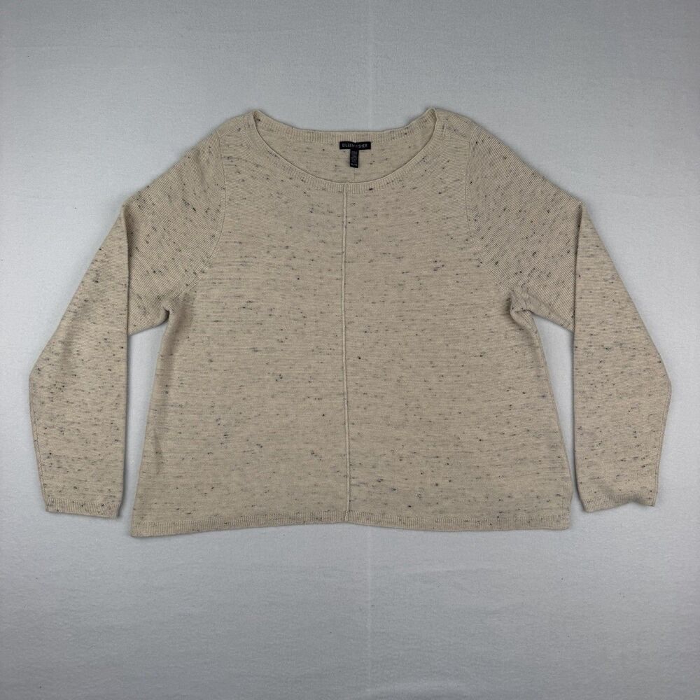 Eileen Fisher Oatmeal Boat Neck XL Sweater Speckled Organic Cotton Wool